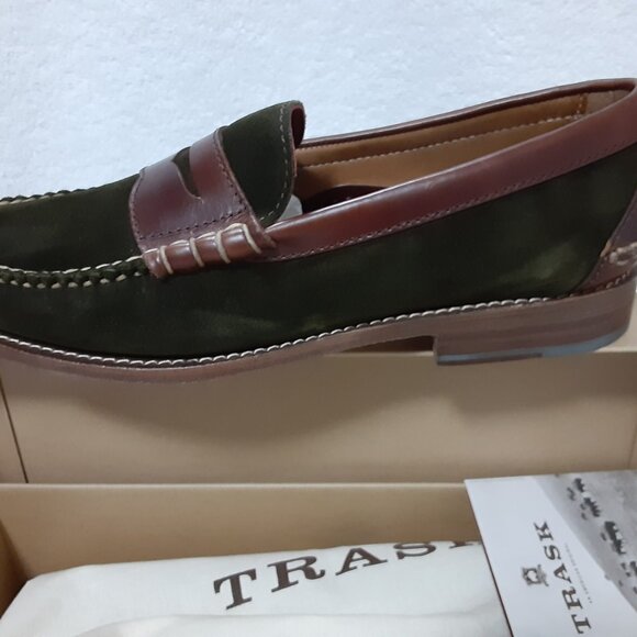 TRASK HUNTER MEN GREEN SUEDE DARK BROWN STEER LEATHER SLIP ON SHOES 11M - Picture 8 of 16